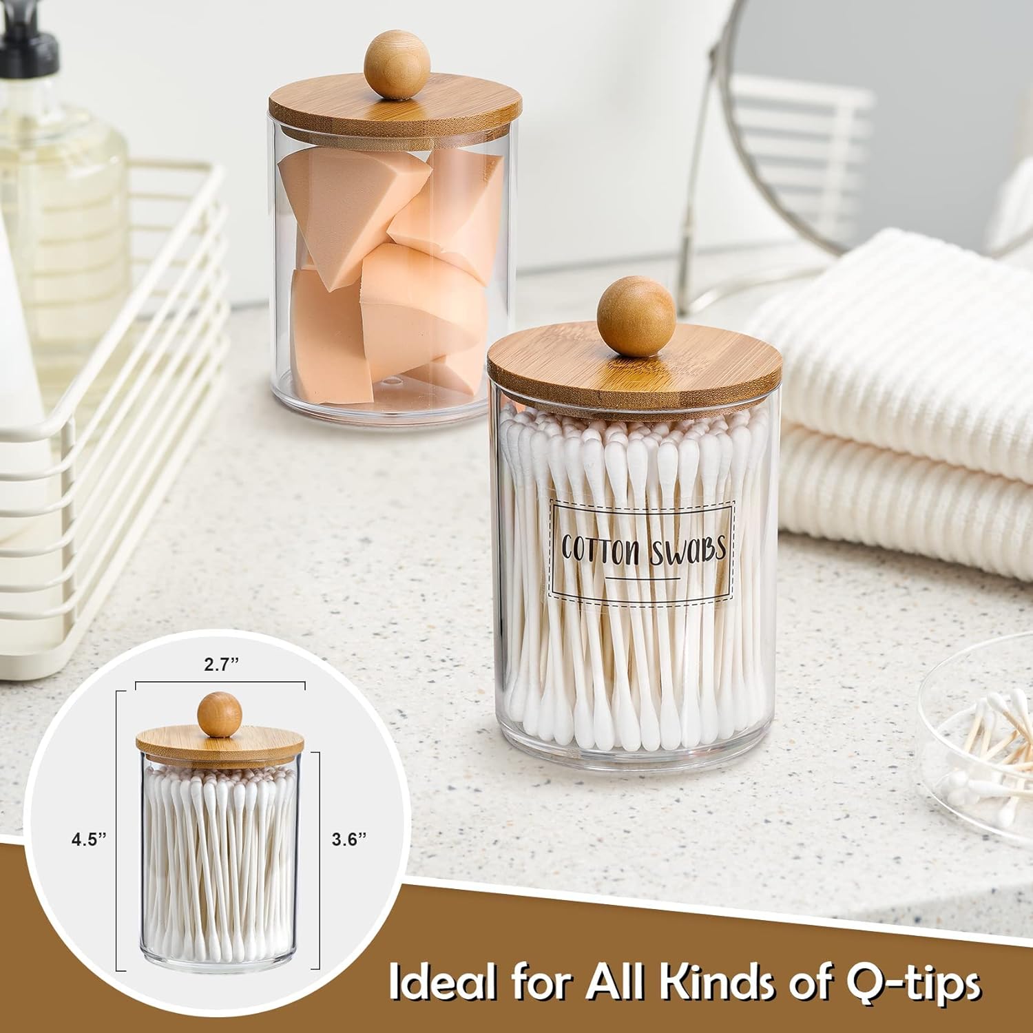 Holder Dispenser with Bamboo Lids, Clear Plastic Jar, Containers for Vanity, Storage Jars, Bathroom Accessories Set for Cotton Swab -10 oz (4 Pcs) Holder Dispenser with Bamboo Lids, Clear Plastic Jar, Containers for Vanity, Storage Jars, Bathroom Accessories Set for Cotton Swab -10 oz (4 Pcs)